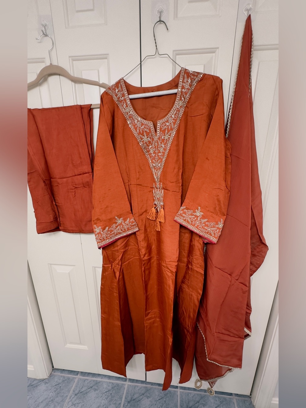 Embroidered Rust Orange Ethnic Anarkali kurta, pants and duppatta size 23”
